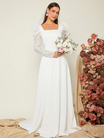 Belle Square Neck Gigot Sleeve Maxi Wedding Dress Without Veil