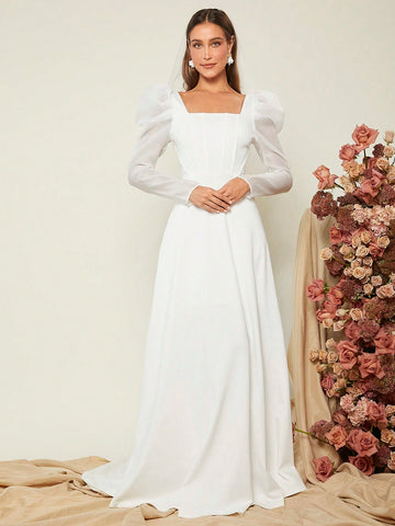 Belle Square Neck Gigot Sleeve Maxi Wedding Dress Without Veil