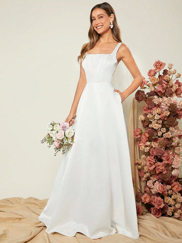 Square Neck Slant Pocket Formal Dress