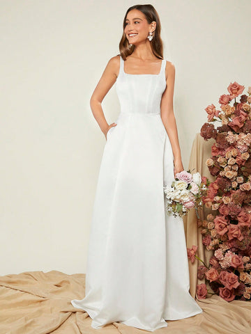 Square Neck Slant Pocket Formal Dress