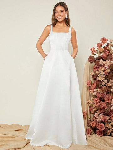 Square Neck Slant Pocket Formal Dress
