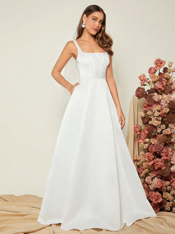 Square Neck Slant Pocket Formal Dress