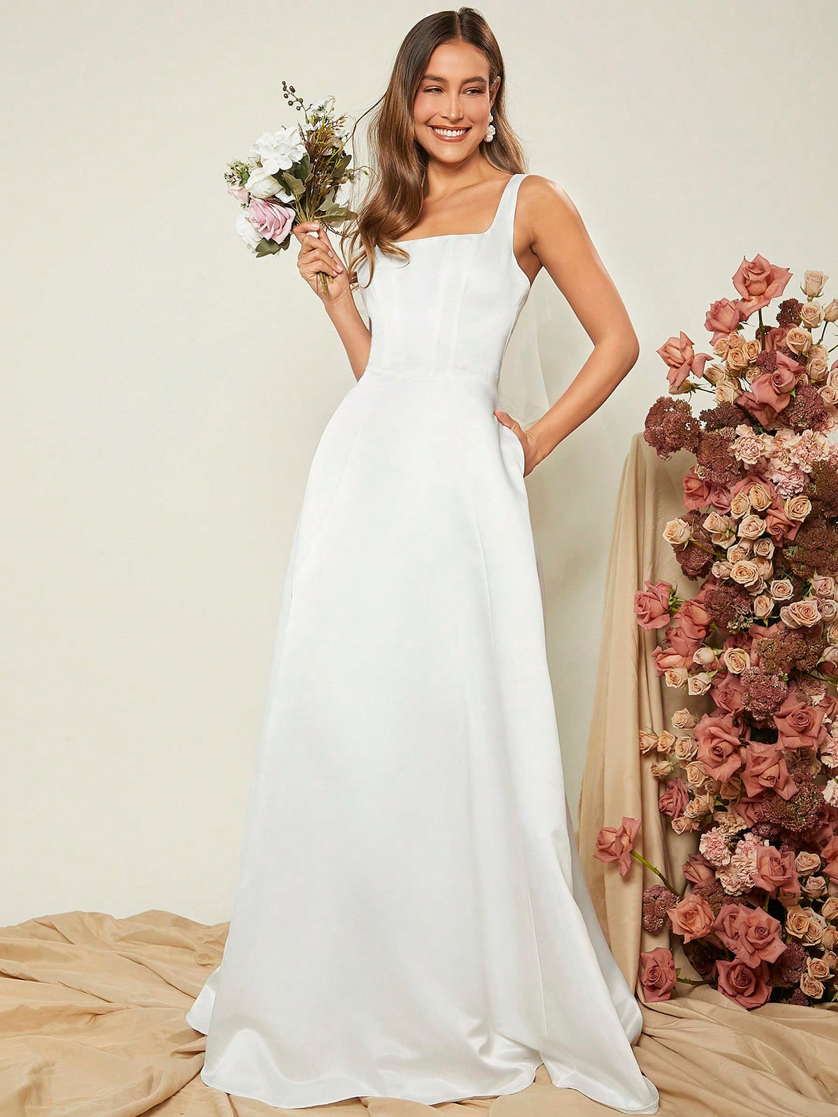 Square Neck Slant Pocket Formal Dress