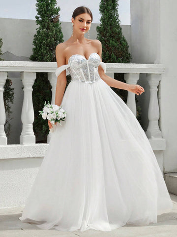Strapless Line Shoulder Thin Flash Bead Waist Fishbone Mesh Flowing Large Skirt Back Binding Wedding Dress