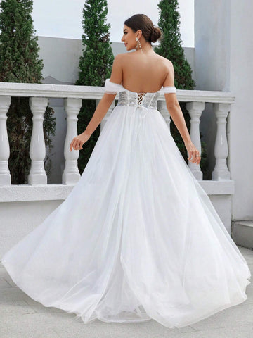 Strapless Line Shoulder Thin Flash Bead Waist Fishbone Mesh Flowing Large Skirt Back Binding Wedding Dress