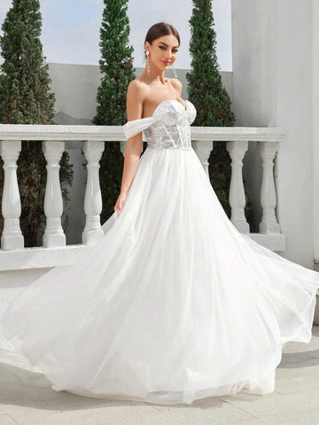 Strapless Line Shoulder Thin Flash Bead Waist Fishbone Mesh Flowing Large Skirt Back Binding Wedding Dress