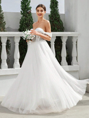 Strapless Line Shoulder Thin Flash Bead Waist Fishbone Mesh Flowing Large Skirt Back Binding Wedding Dress