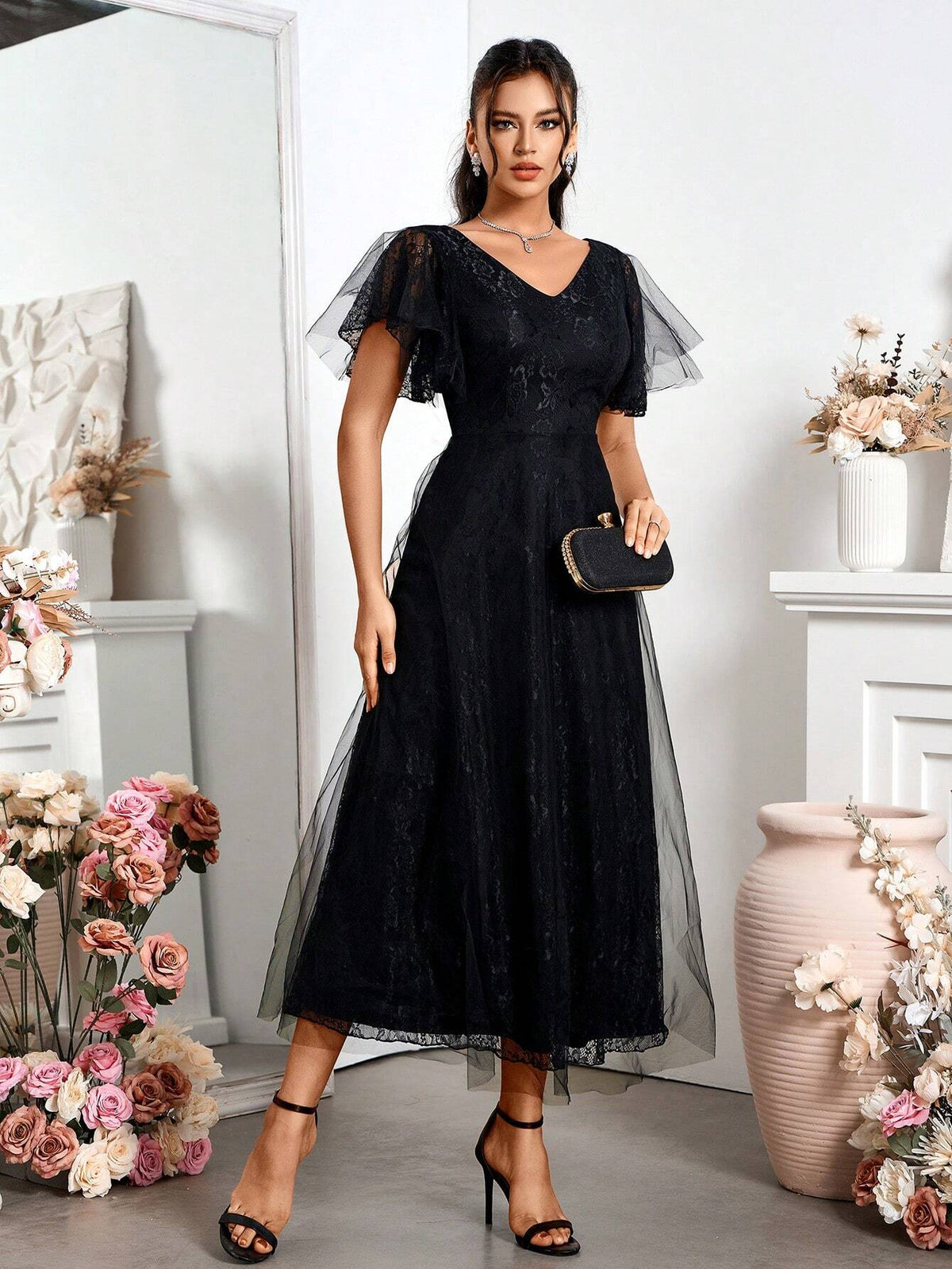 Stylish And Elegant Black Tulle Evening Dress For Bridesmaid
