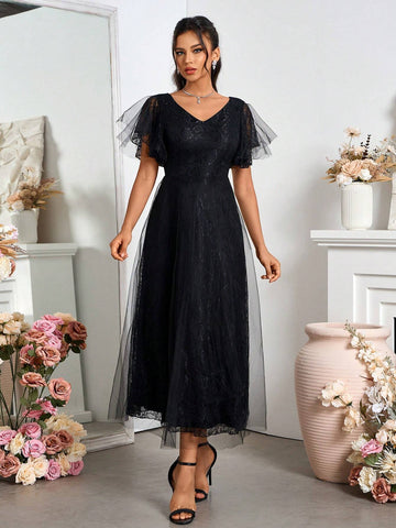 Stylish And Elegant Black Tulle Evening Dress For Bridesmaid