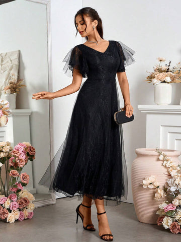 Stylish And Elegant Black Tulle Evening Dress For Bridesmaid