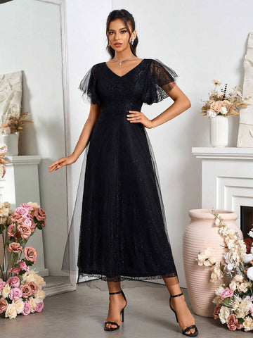 Stylish And Elegant Black Tulle Evening Dress For Bridesmaid