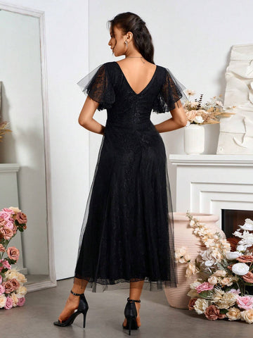Stylish And Elegant Black Tulle Evening Dress For Bridesmaid