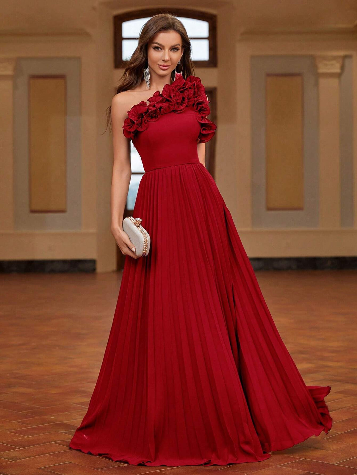 Pleated One Shoulder 3d Flower Evening Dress