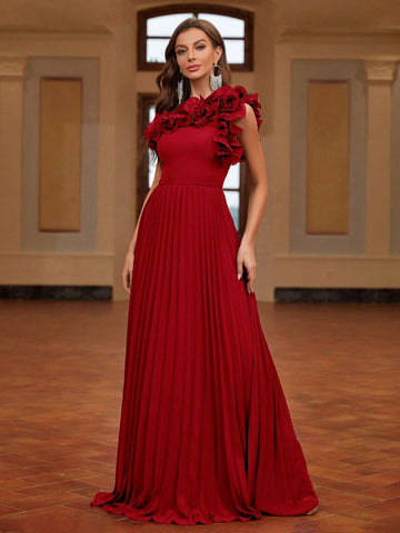 Pleated One Shoulder 3d Flower Evening Dress