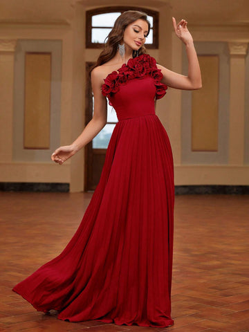 Pleated One Shoulder 3d Flower Evening Dress