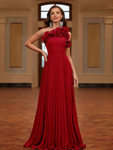 Pleated One Shoulder 3d Flower Evening Dress