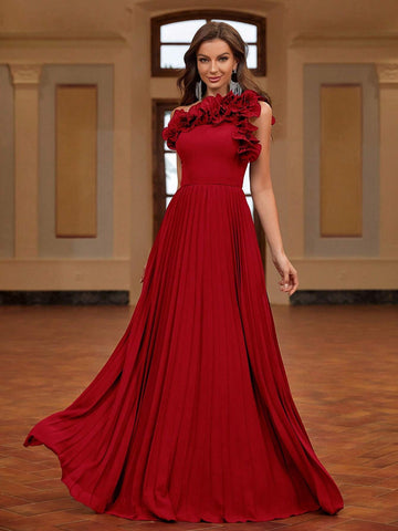 Pleated One Shoulder 3d Flower Evening Dress