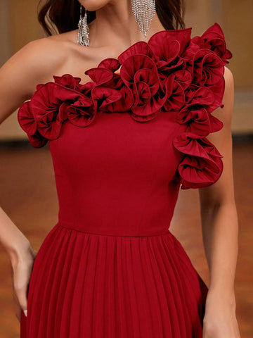 Pleated One Shoulder 3d Flower Evening Dress