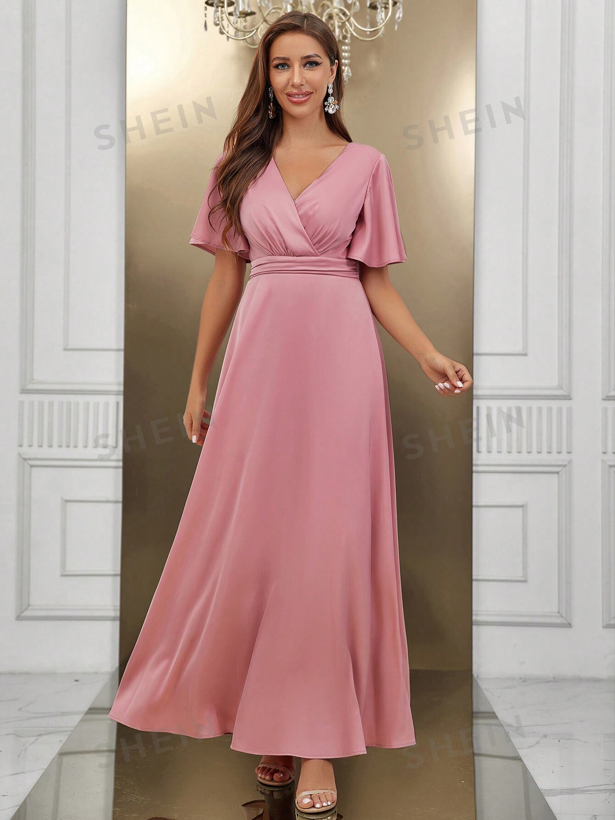 Surplice Neck Butterfly Sleeve Bridesmaid Dress