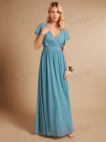 Surplice Neck Butterfly Sleeve Bridesmaid Dress