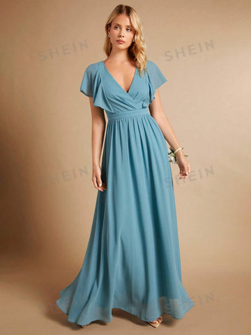 Surplice Neck Butterfly Sleeve Bridesmaid Dress