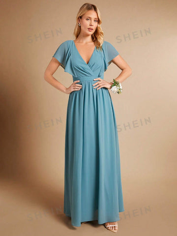 Surplice Neck Butterfly Sleeve Bridesmaid Dress