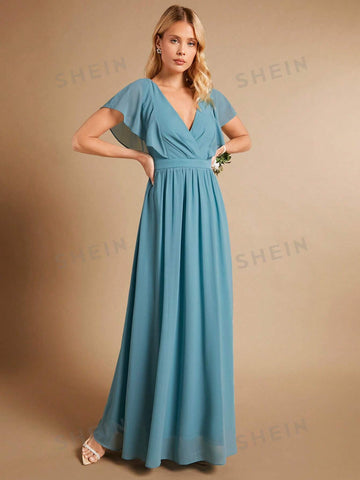 Surplice Neck Butterfly Sleeve Bridesmaid Dress