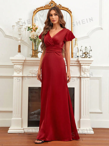 Surplice Neck Butterfly Sleeve Maxi Bridesmaid Dress