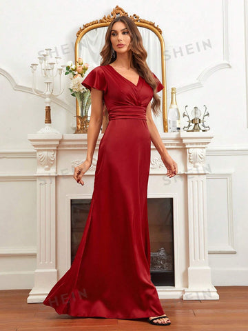 Surplice Neck Butterfly Sleeve Maxi Bridesmaid Dress