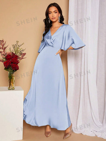 Surplice Neck Butterfly Sleeve Satin Bridesmaid Dress