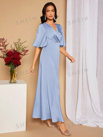 Surplice Neck Butterfly Sleeve Satin Bridesmaid Dress