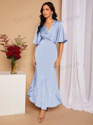 Surplice Neck Butterfly Sleeve Satin Bridesmaid Dress