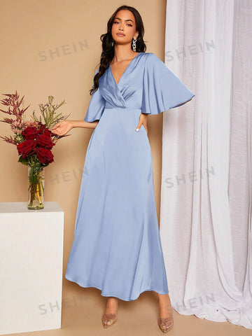 Surplice Neck Butterfly Sleeve Satin Bridesmaid Dress