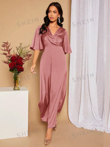 Surplice Neck Butterfly Sleeve Split Thigh Satin Bridesmaid Dress