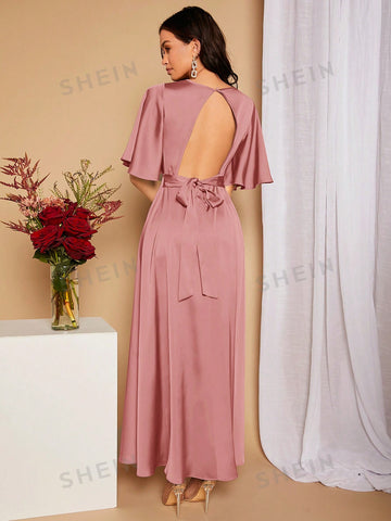 Surplice Neck Butterfly Sleeve Split Thigh Satin Bridesmaid Dress
