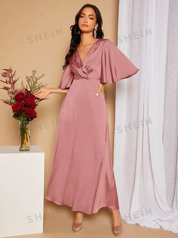 Surplice Neck Butterfly Sleeve Split Thigh Satin Bridesmaid Dress