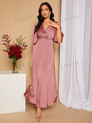 Surplice Neck Butterfly Sleeve Split Thigh Satin Bridesmaid Dress