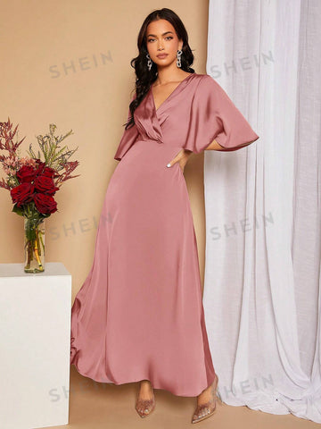 Surplice Neck Butterfly Sleeve Split Thigh Satin Bridesmaid Dress