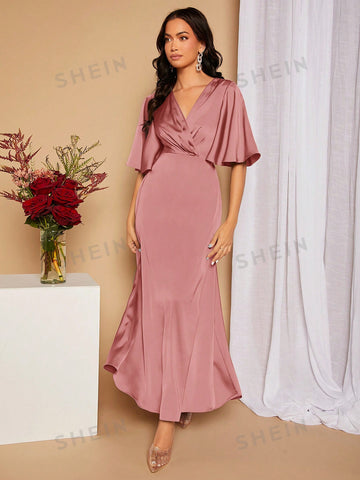 Surplice Neck Butterfly Sleeve Split Thigh Satin Bridesmaid Dress
