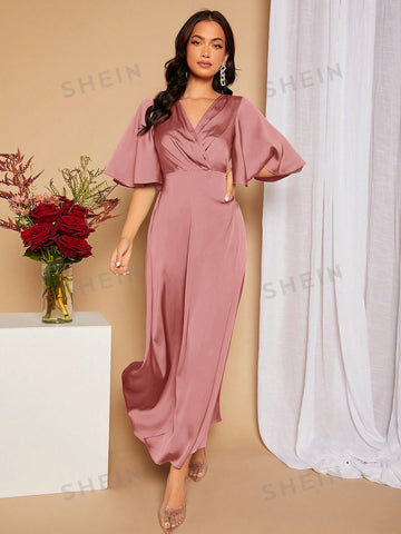 Surplice Neck Butterfly Sleeve Split Thigh Satin Bridesmaid Dress