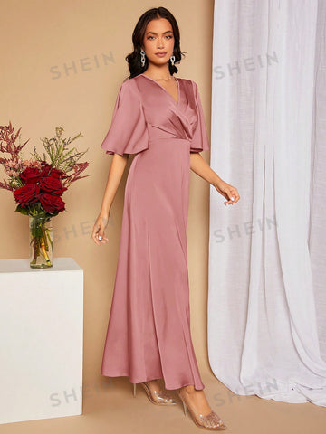 Surplice Neck Butterfly Sleeve Split Thigh Satin Bridesmaid Dress