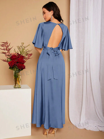 Surplice Neck Butterfly Sleeve Tied Backless Satin Bridesmaid Dress