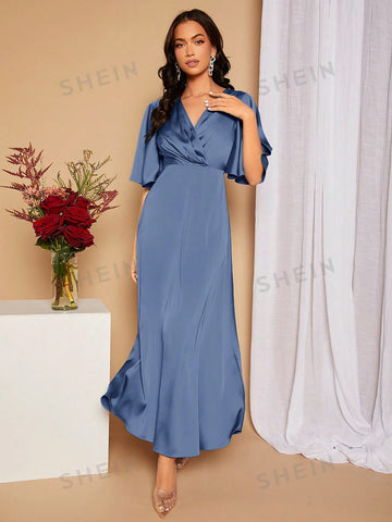 Surplice Neck Butterfly Sleeve Tied Backless Satin Bridesmaid Dress