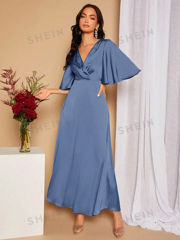 Surplice Neck Butterfly Sleeve Tied Backless Satin Bridesmaid Dress