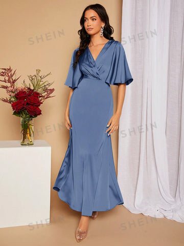 Surplice Neck Butterfly Sleeve Tied Backless Satin Bridesmaid Dress