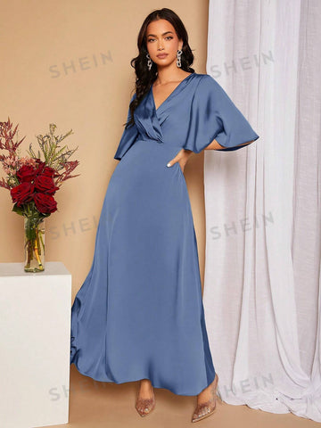 Surplice Neck Butterfly Sleeve Tied Backless Satin Bridesmaid Dress