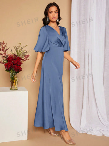Surplice Neck Butterfly Sleeve Tied Backless Satin Bridesmaid Dress
