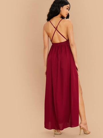 Surplice Neck Crisscross Back Split Thigh Bridesmaid Dress