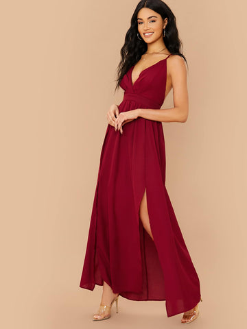 Surplice Neck Crisscross Back Split Thigh Bridesmaid Dress