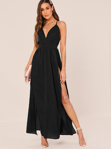 Surplice Neck Crisscross Back Split Thigh Bridesmaid Dress